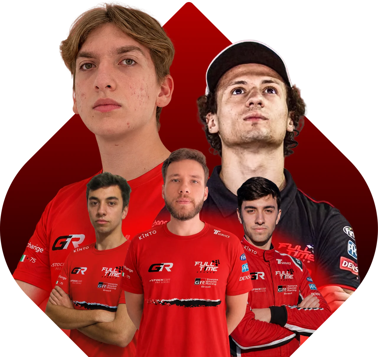Retrato de estúdio de cinco pilotos da Full Time eSports.